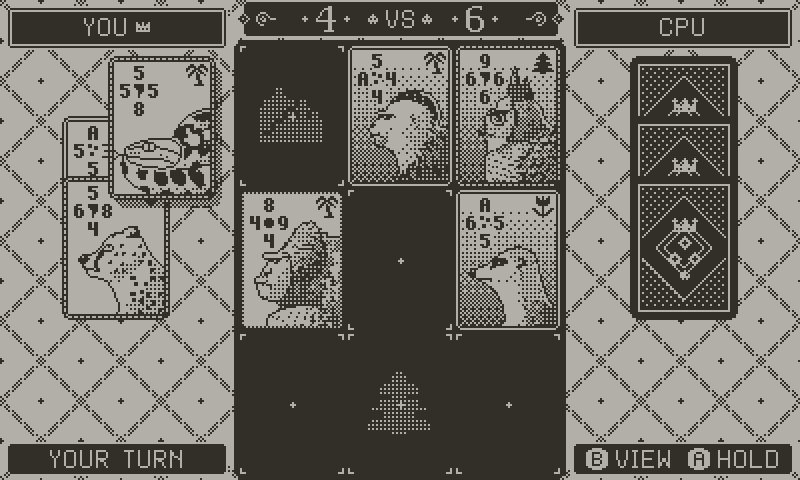 Beast Duel gameplay: a placed card flips its neighbours to your side on the 3x3 board.