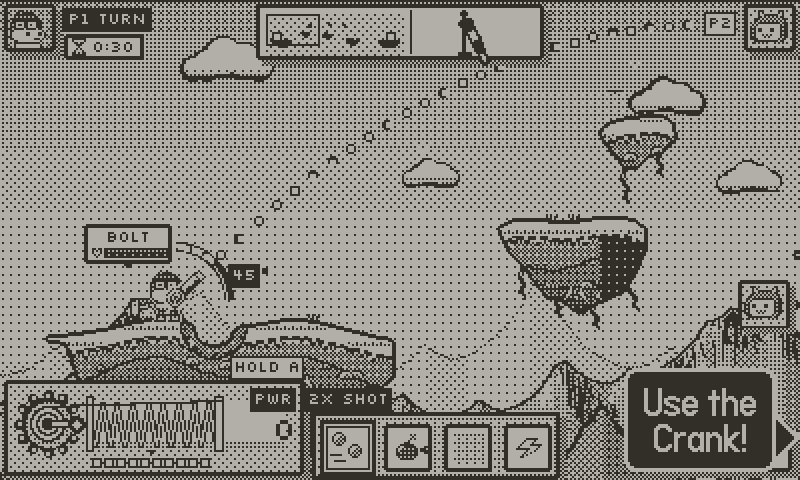 Lobshot gameplay: the crank sets the angle, A charges the shot, and the shell arcs onto the rival island.