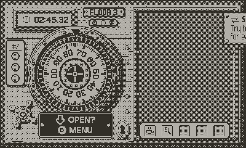 Safu gameplay: the crank turns the dial, three sweet spots click, and the handle opens the safe.