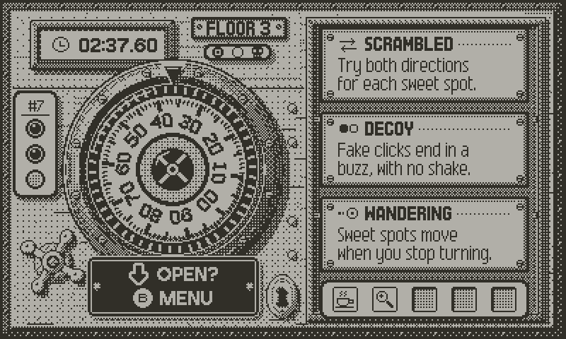 Safu gameplay: the crank turns the safe dial until the handle opens.