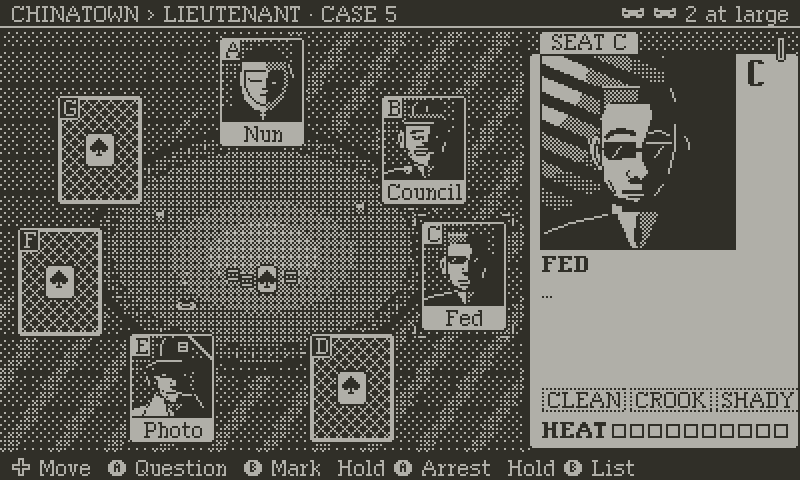 The Usual Sus gameplay: the cursor moves to seat D, the card turns over to the Singer, and her statement types out.